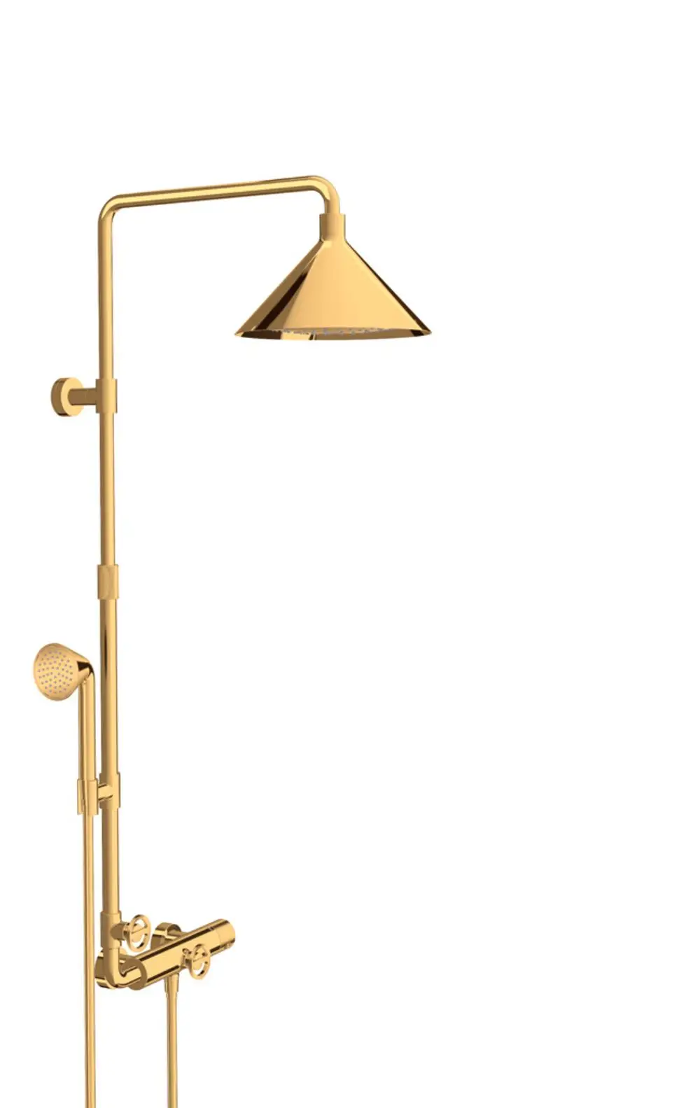 AXOR Dusche mit Thermostat, Kopfbrause und Handbrause in poliertem Gold. Geeignet für eine elegante Badezimmergestaltung. Montiert an Wand mit stabiler Halterung.